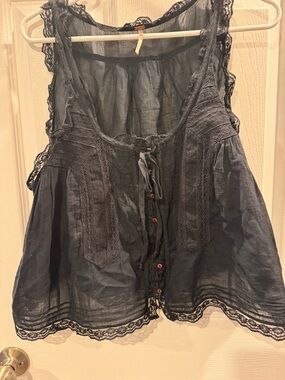 Free People Black Lace-Trim Sleeveless Button Tank